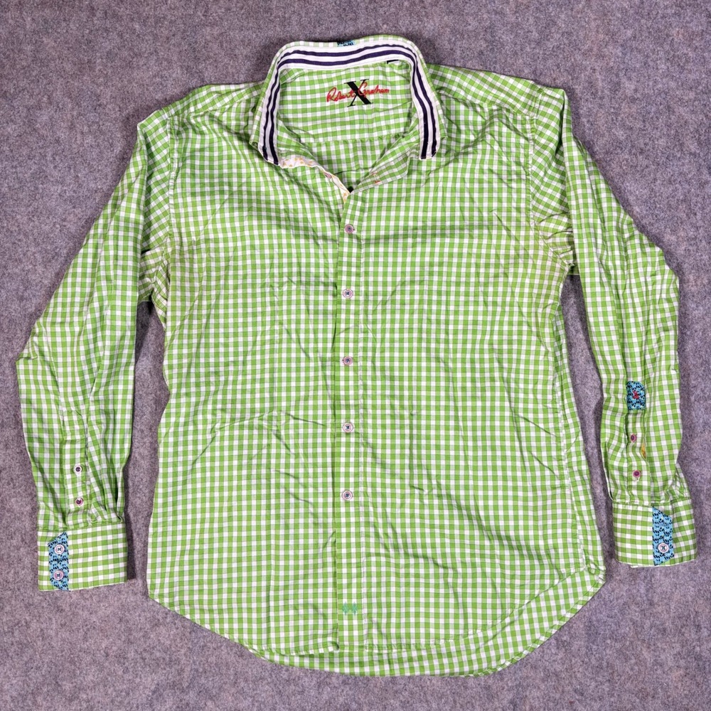 Robert Graham Button Down Shirt Mens XL Green Gingham Check Contrast Cuff Cotton